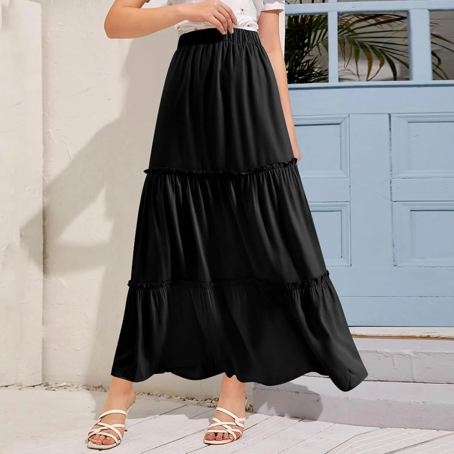 BOMAROLAN Women's Maxi Skirts Summer Elastic High Waist Boho Flowy Skirt A Line Long Skirts Ruffle Swing Beach Skirts