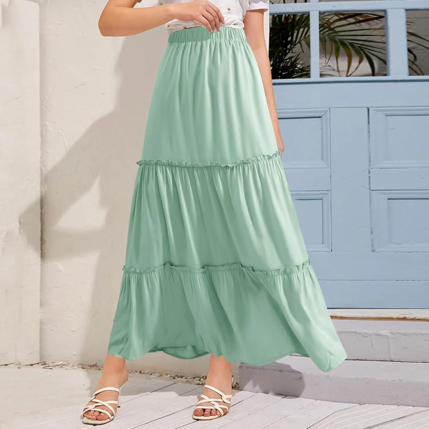 BOMAROLAN Women's Maxi Skirts Summer Elastic High Waist Boho Flowy Skirt A Line Long Skirts Ruffle Swing Beach Skirts