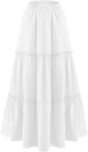 BOMAROLAN Women's Maxi Skirts Summer Elastic High Waist Boho Flowy Skirt A Line Long Skirts Ruffle Swing Beach Skirts