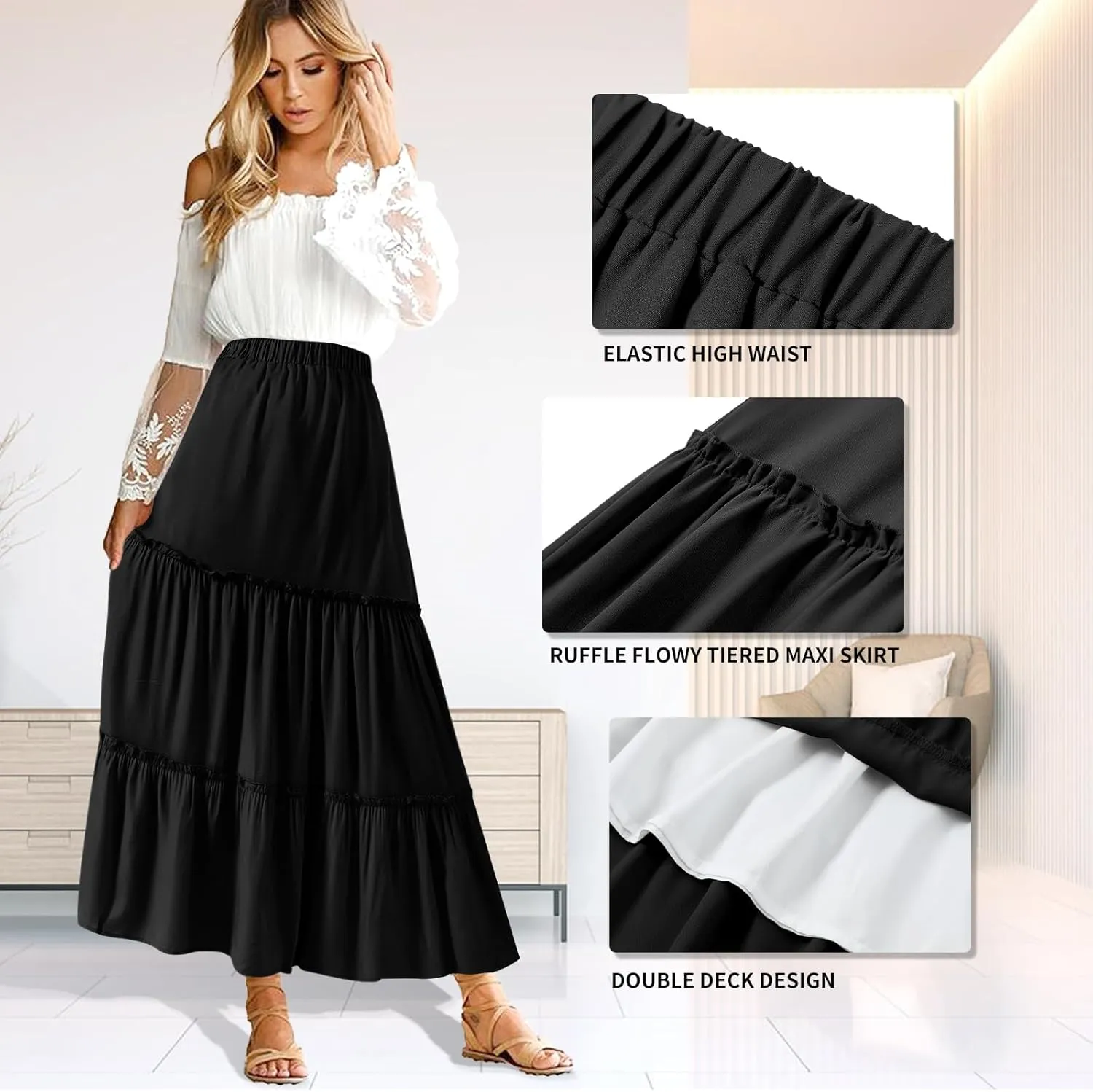 BOMAROLAN Women's Maxi Skirts Summer Elastic High Waist Boho Flowy Skirt A Line Long Skirts Ruffle Swing Beach Skirts