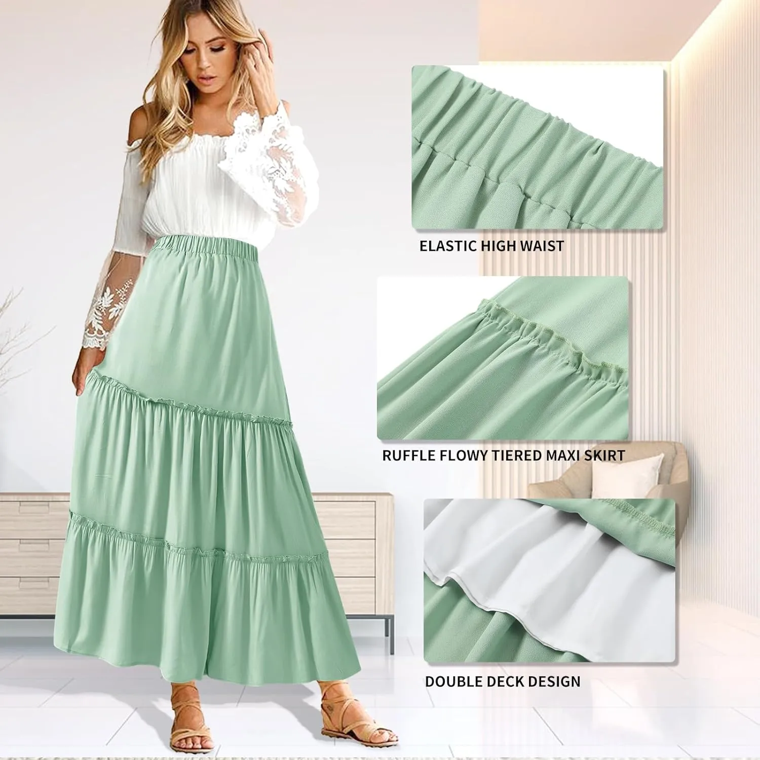 BOMAROLAN Women's Maxi Skirts Summer Elastic High Waist Boho Flowy Skirt A Line Long Skirts Ruffle Swing Beach Skirts
