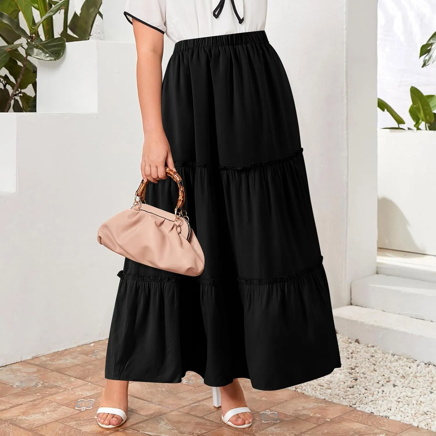 BOMAROLAN Women's Maxi Skirts Summer Elastic High Waist Boho Flowy Skirt A Line Long Skirts Ruffle Swing Beach Skirts