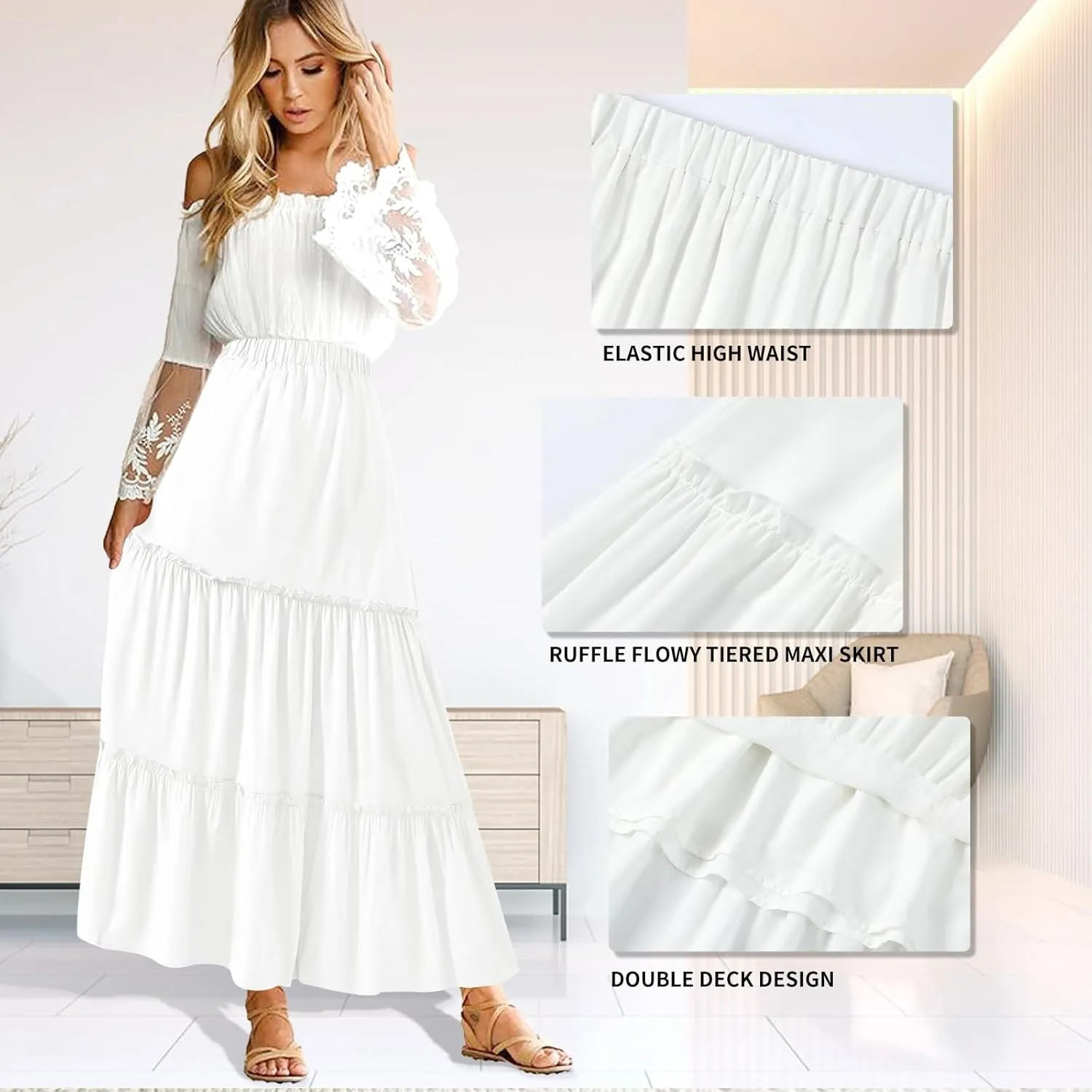 BOMAROLAN Women's Maxi Skirts Summer Elastic High Waist Boho Flowy Skirt A Line Long Skirts Ruffle Swing Beach Skirts