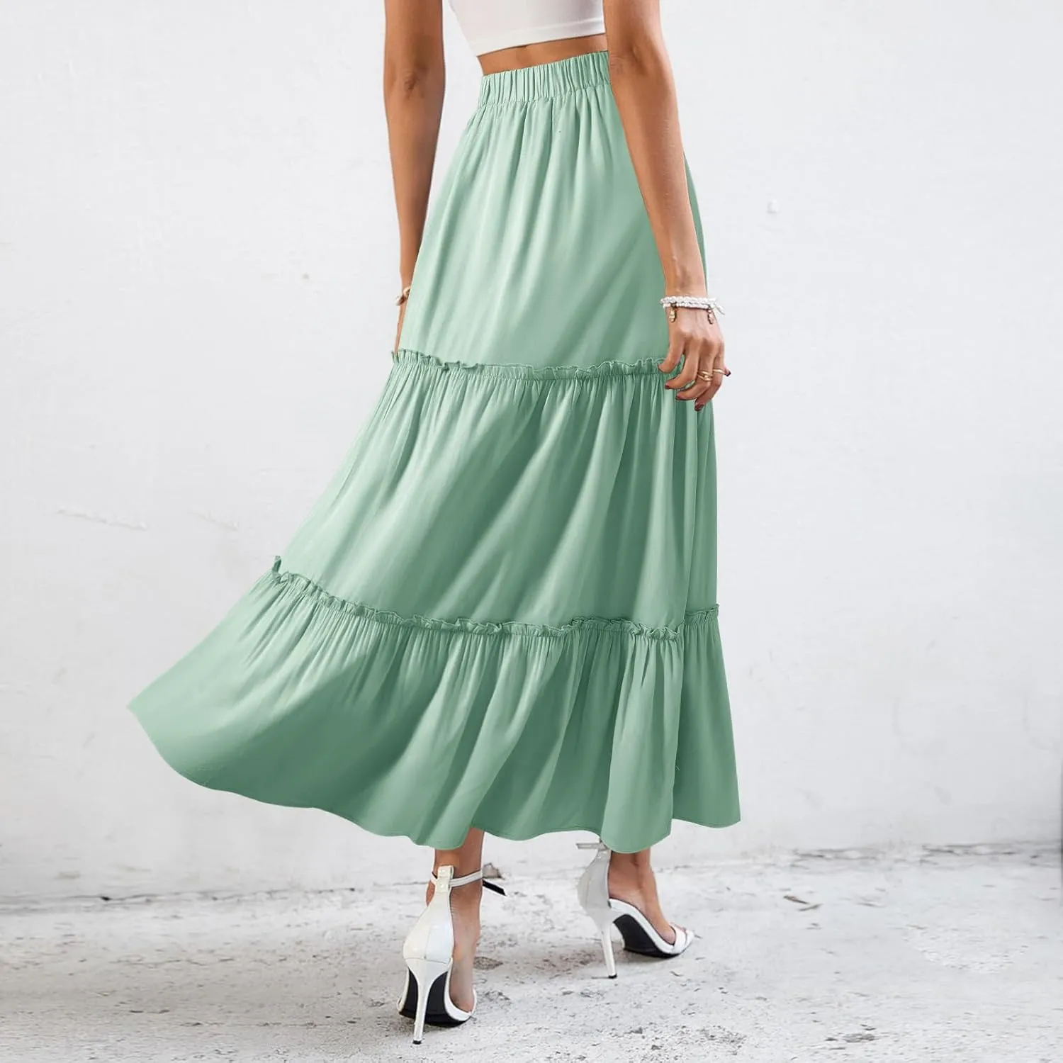 BOMAROLAN Women's Maxi Skirts Summer Elastic High Waist Boho Flowy Skirt A Line Long Skirts Ruffle Swing Beach Skirts