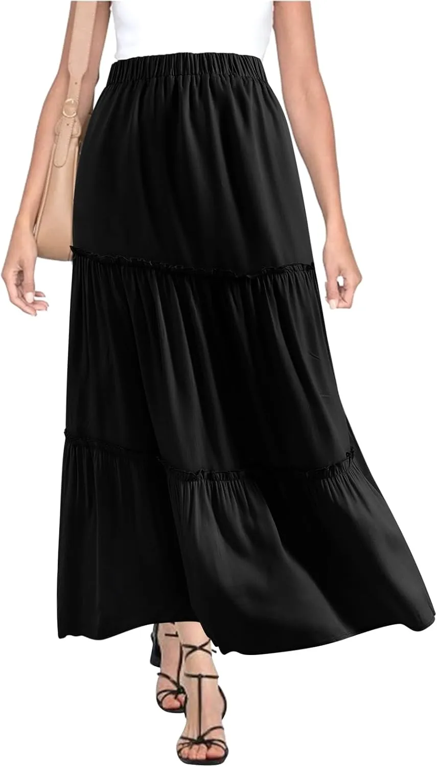 BOMAROLAN Women's Maxi Skirts Summer Elastic High Waist Boho Flowy Skirt A Line Long Skirts Ruffle Swing Beach Skirts