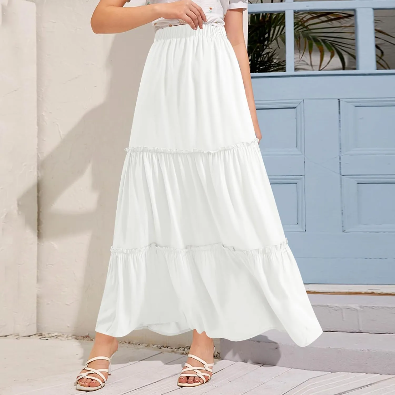 BOMAROLAN Women's Maxi Skirts Summer Elastic High Waist Boho Flowy Skirt A Line Long Skirts Ruffle Swing Beach Skirts