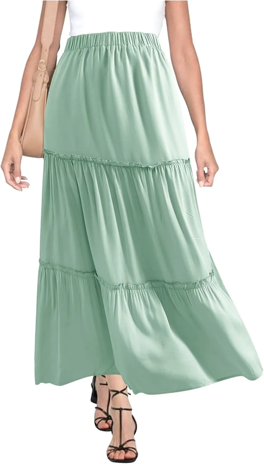 BOMAROLAN Women's Maxi Skirts Summer Elastic High Waist Boho Flowy Skirt A Line Long Skirts Ruffle Swing Beach Skirts