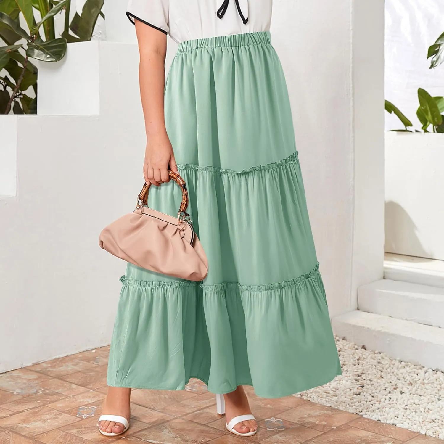 BOMAROLAN Women's Maxi Skirts Summer Elastic High Waist Boho Flowy Skirt A Line Long Skirts Ruffle Swing Beach Skirts