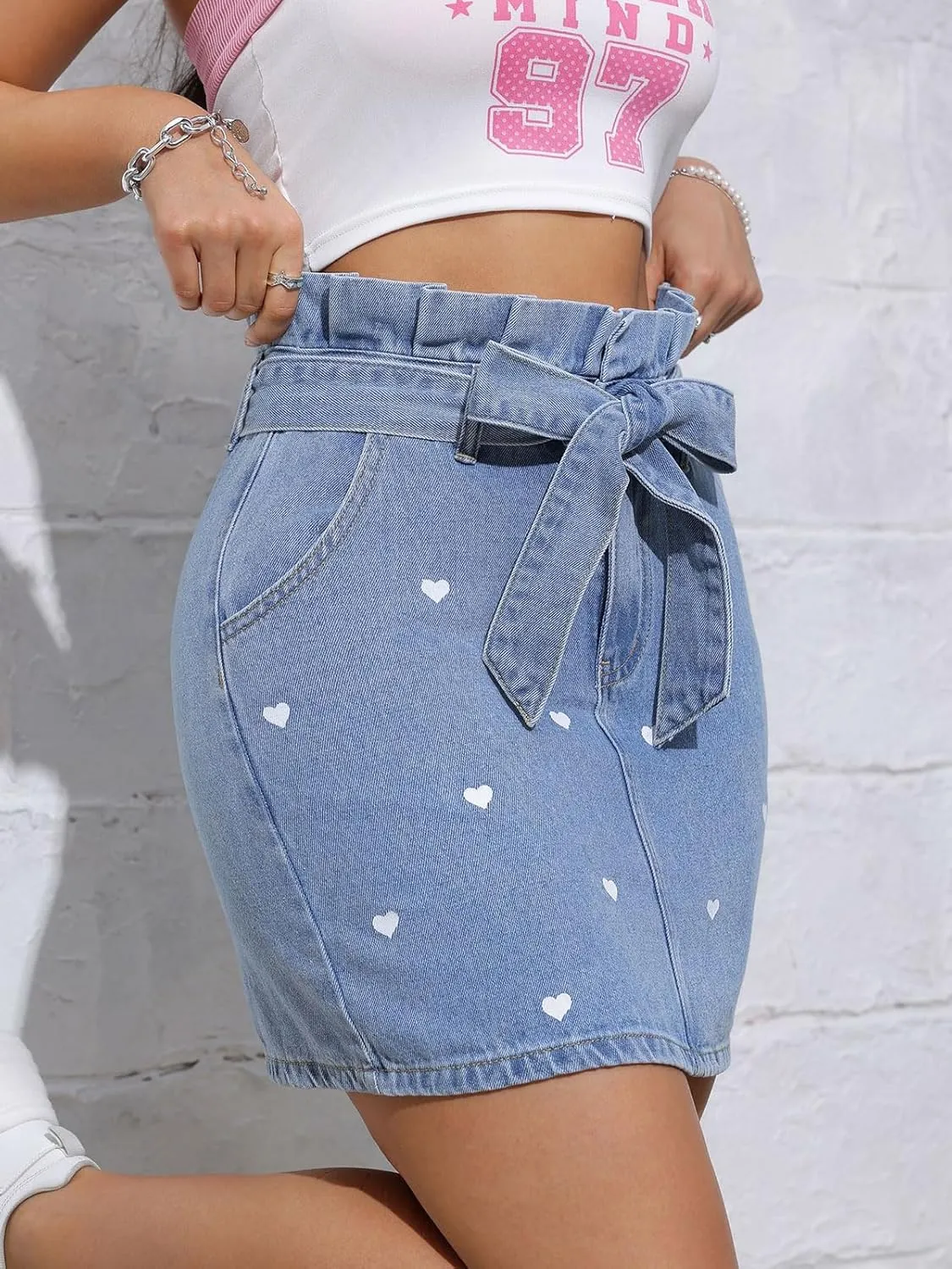 CHARTOU Women Y2k Wrap Denim Mini Skirt High Waisted Ruffle Trim Short Jean Pencil Skirt with Belt