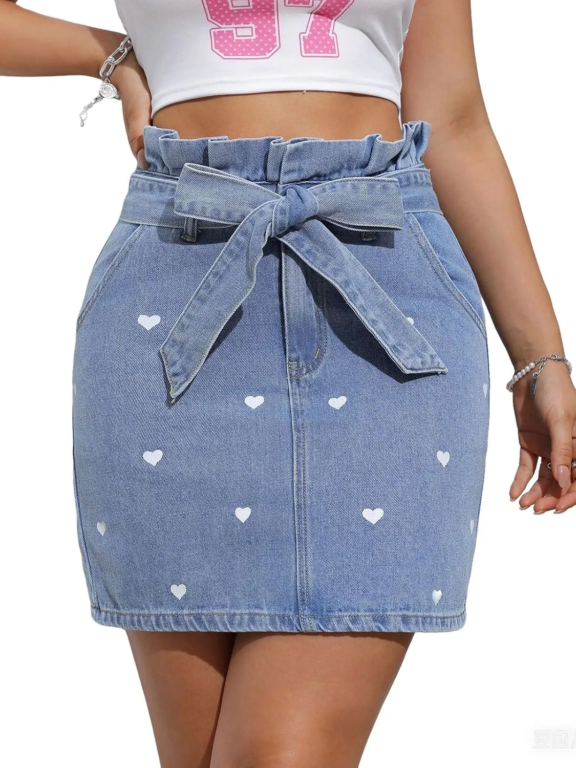 CHARTOU Women Y2k Wrap Denim Mini Skirt High Waisted Ruffle Trim Short Jean Pencil Skirt with Belt