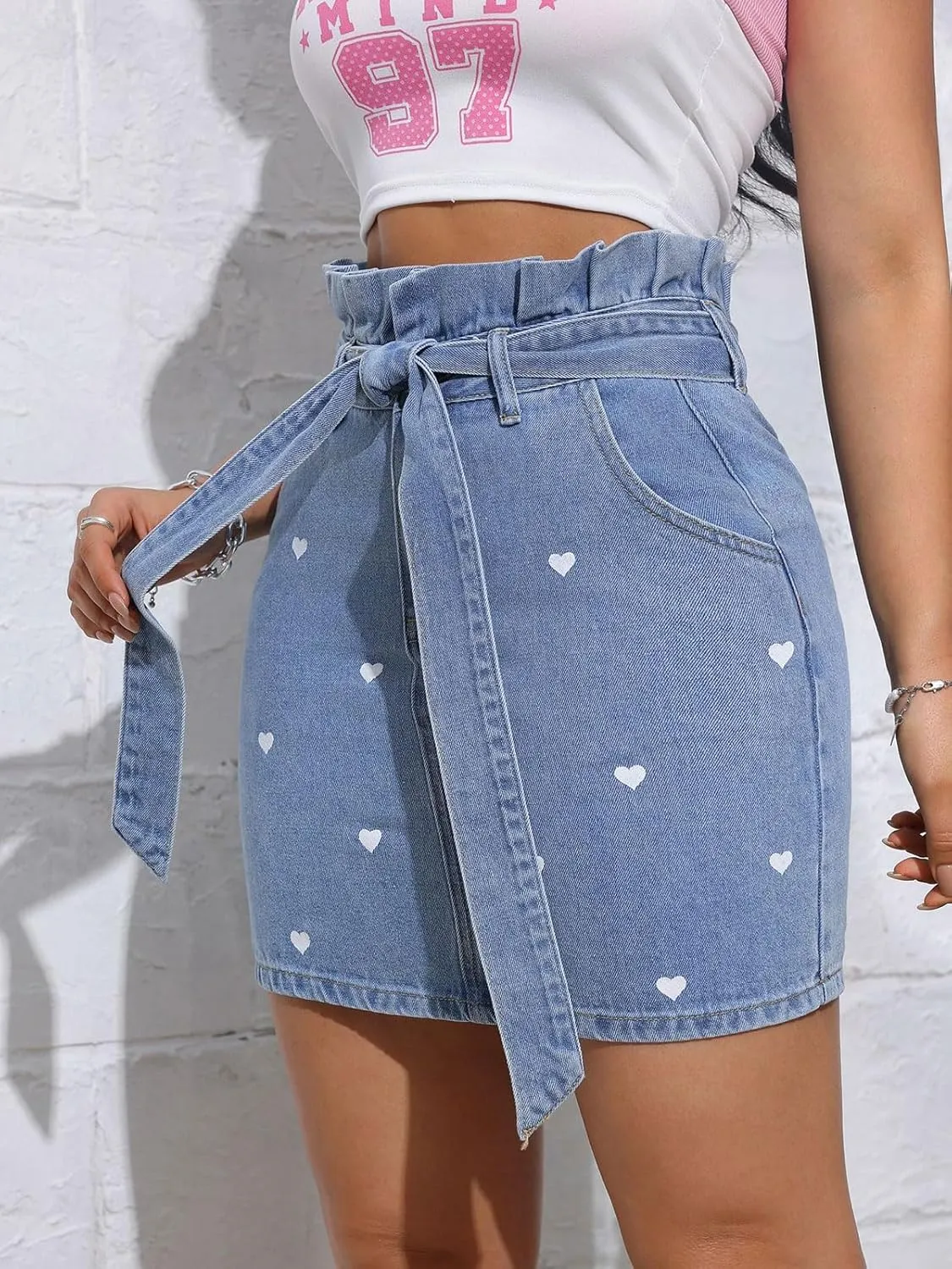 CHARTOU Women Y2k Wrap Denim Mini Skirt High Waisted Ruffle Trim Short Jean Pencil Skirt with Belt