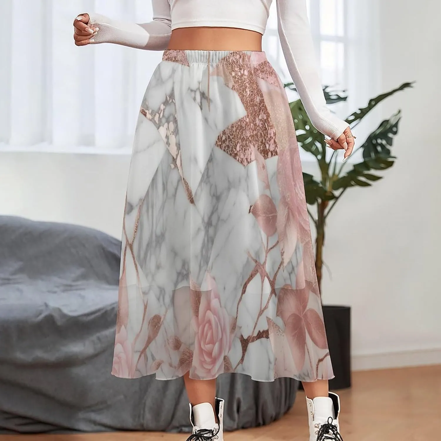 Chiffon Skirts for Women Midi Length Elastic Waist Casual Women's Flowy Maxi Skirts