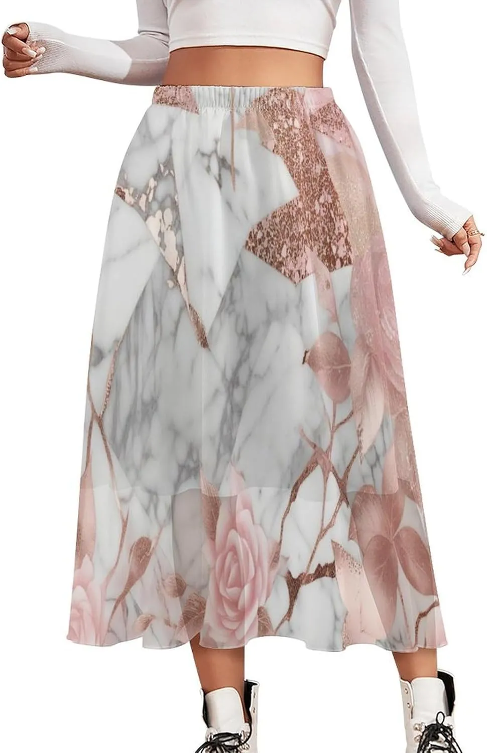 Chiffon Skirts for Women Midi Length Elastic Waist Casual Women's Flowy Maxi Skirts