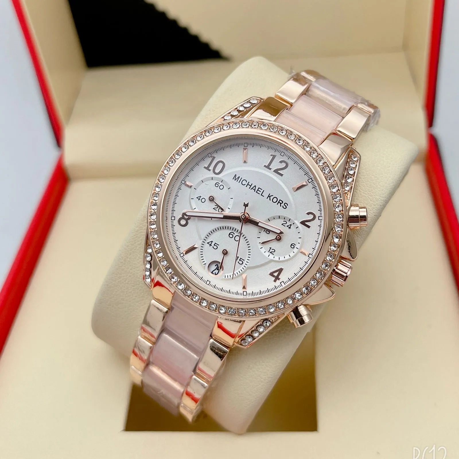 Chosmogragh Watch With Stainless Steel Case And White Dial Dated Multicolor Rose Pink Strap Watch For Women's Design For Girl Or Woman Best Gift Date Watch MK-6565