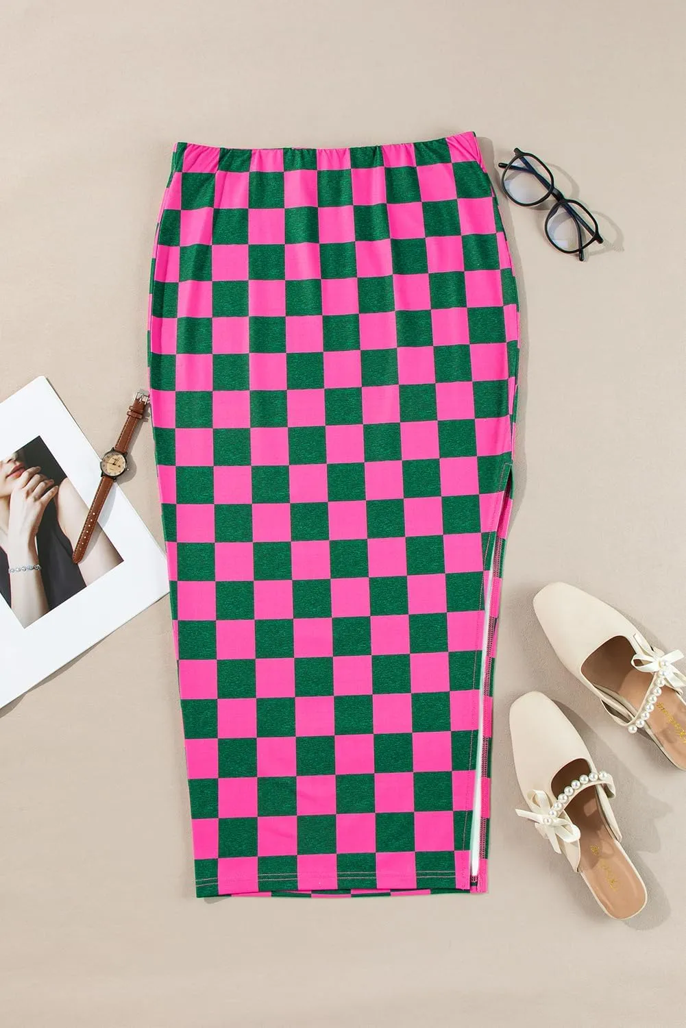 Chvity Plaid Skirts for Women Casual High Waisted Side Slit Classic Checkered Print Stretch Tight Pencil Skirt Trendy