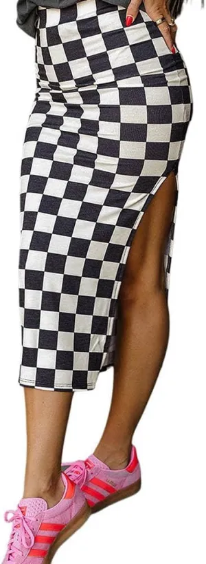 Chvity Plaid Skirts for Women Fashion High Waisted Side Slit Classic Checkered Print Stretch Skirts