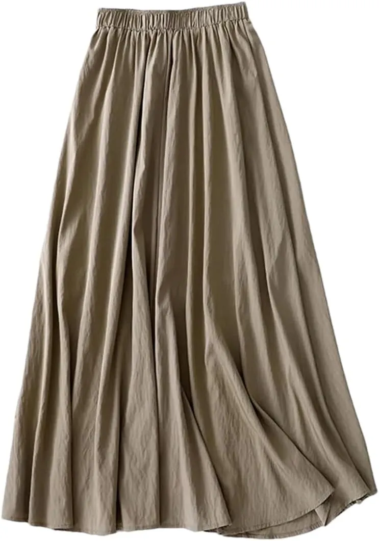 Dndrdhfb Women's Cotton Midi Skirt Casual Elastic Waist Long Skirt Breathable A-Line Skirt
