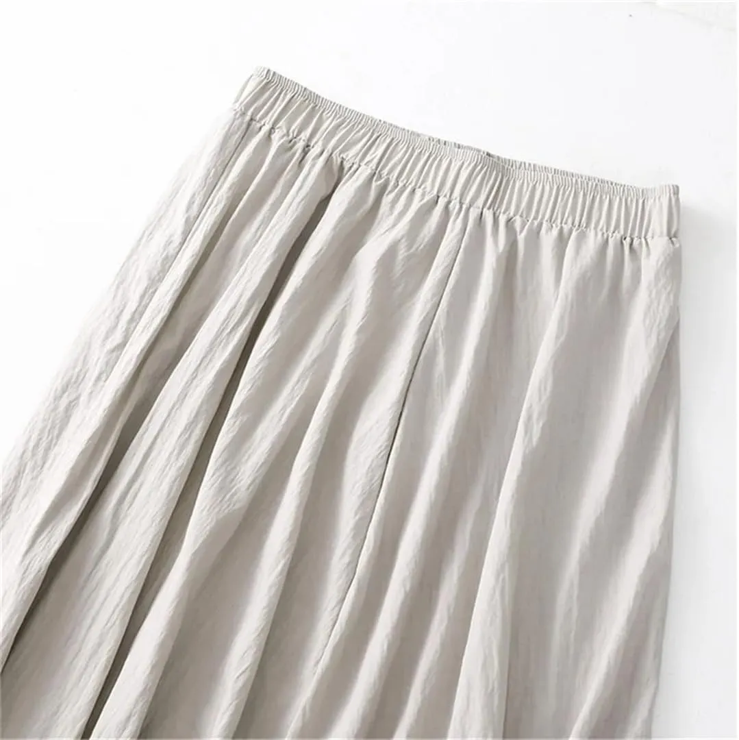 Dndrdhfb Women's Cotton Midi Skirt Casual Elastic Waist Long Skirt Breathable A-Line Skirt