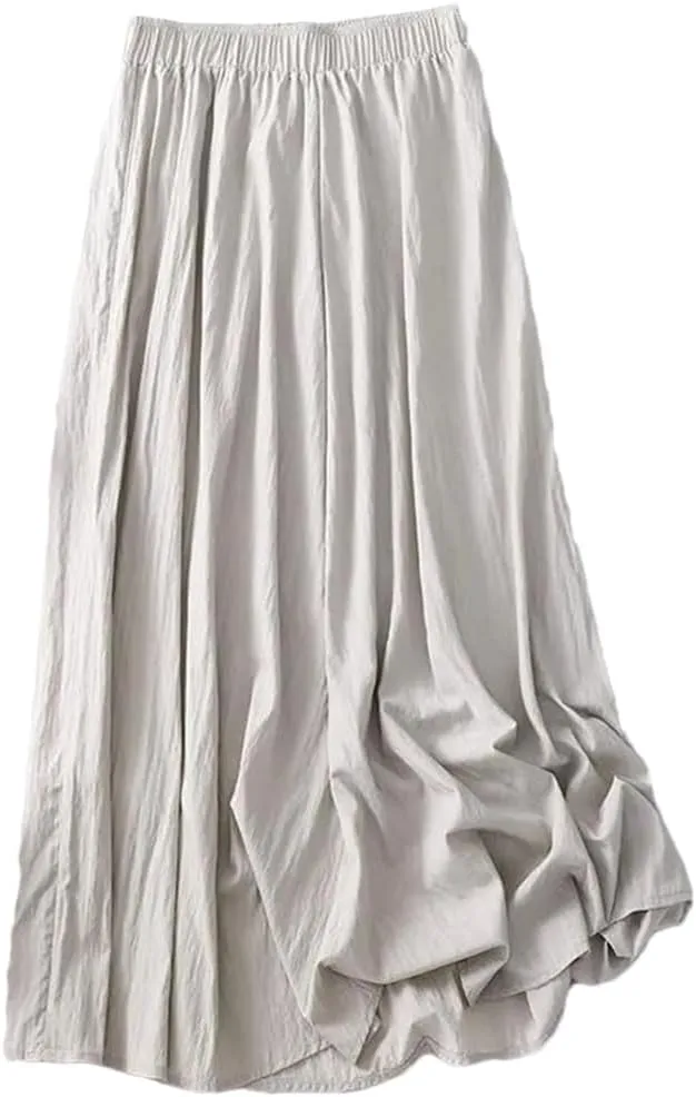 Dndrdhfb Women's Cotton Midi Skirt Casual Elastic Waist Long Skirt Breathable A-Line Skirt