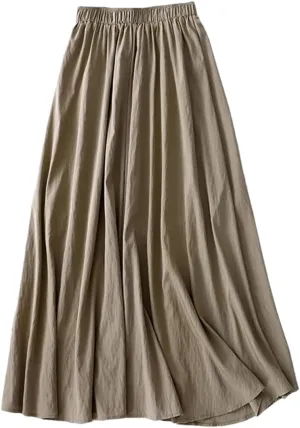 Dndrdhfb Women's Cotton Midi Skirt Casual Elastic Waist Long Skirt Breathable A-Line Skirt