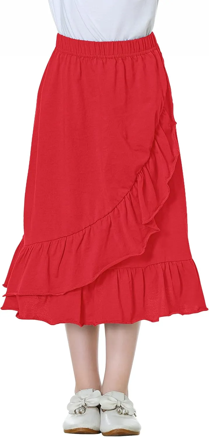 DOTDOG Girls' Tiered Ruffle Midi Skirts Soft Cotton Maxi Skirts with Waistband Waist for Girls 3-12 Years