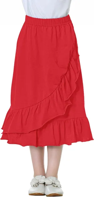 DOTDOG Girls' Tiered Ruffle Midi Skirts Soft Cotton Maxi Skirts with Waistband Waist for Girls 3-12 Years