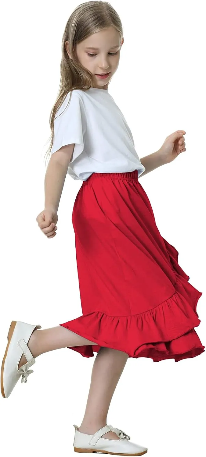 DOTDOG Girls' Tiered Ruffle Midi Skirts Soft Cotton Maxi Skirts with Waistband Waist for Girls 3-12 Years