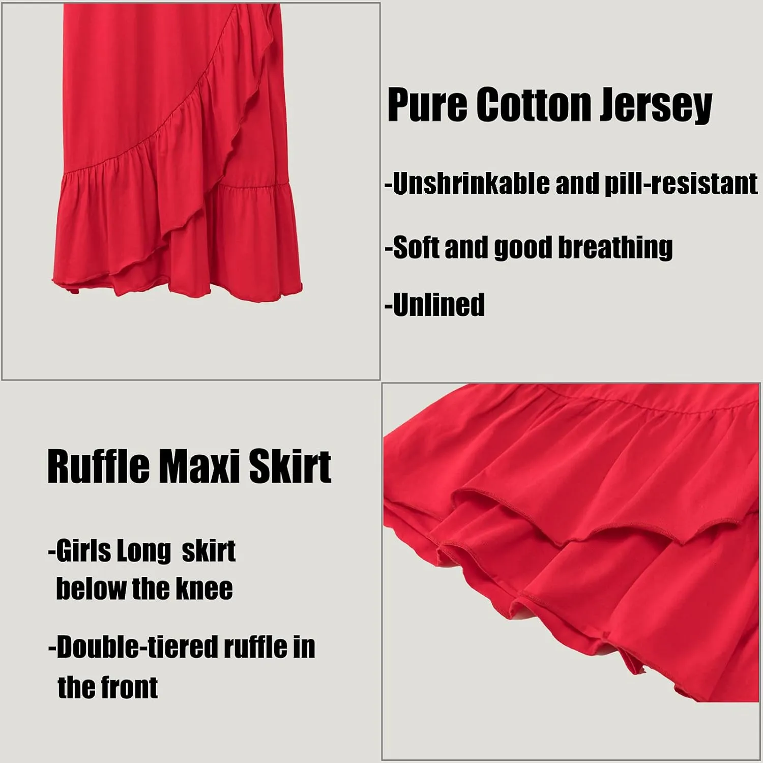 DOTDOG Girls' Tiered Ruffle Midi Skirts Soft Cotton Maxi Skirts with Waistband Waist for Girls 3-12 Years