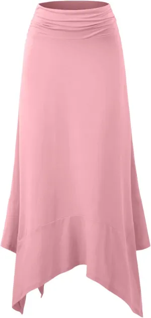 DOUBLJU High Waisted Casual Skirts Soft Fit Flowy Handkerchief Hemline Unbalanced Hem Midi Skirts for Womens with Plus Size