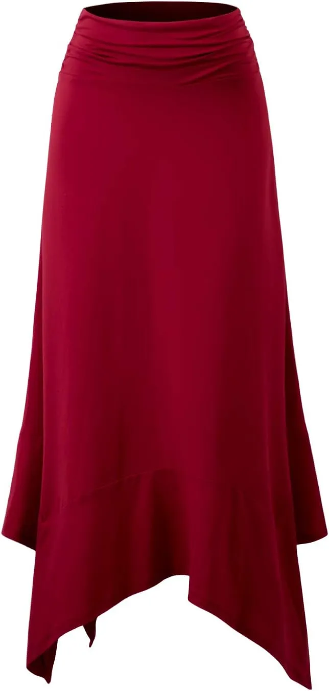 DOUBLJU High Waisted Casual Skirts Soft Fit Flowy Handkerchief Hemline Unbalanced Hem Midi Skirts for Womens with Plus Size