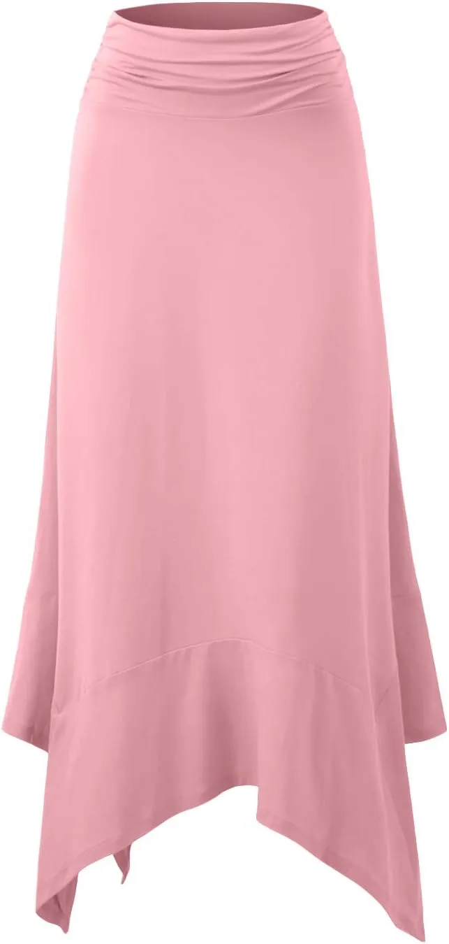 DOUBLJU High Waisted Casual Skirts Soft Fit Flowy Handkerchief Hemline Unbalanced Hem Midi Skirts for Womens with Plus Size