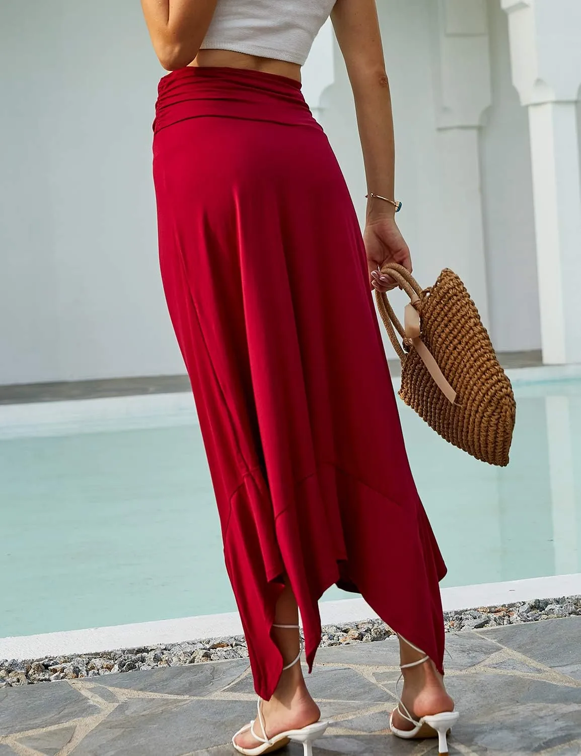 DOUBLJU High Waisted Casual Skirts Soft Fit Flowy Handkerchief Hemline Unbalanced Hem Midi Skirts for Womens with Plus Size