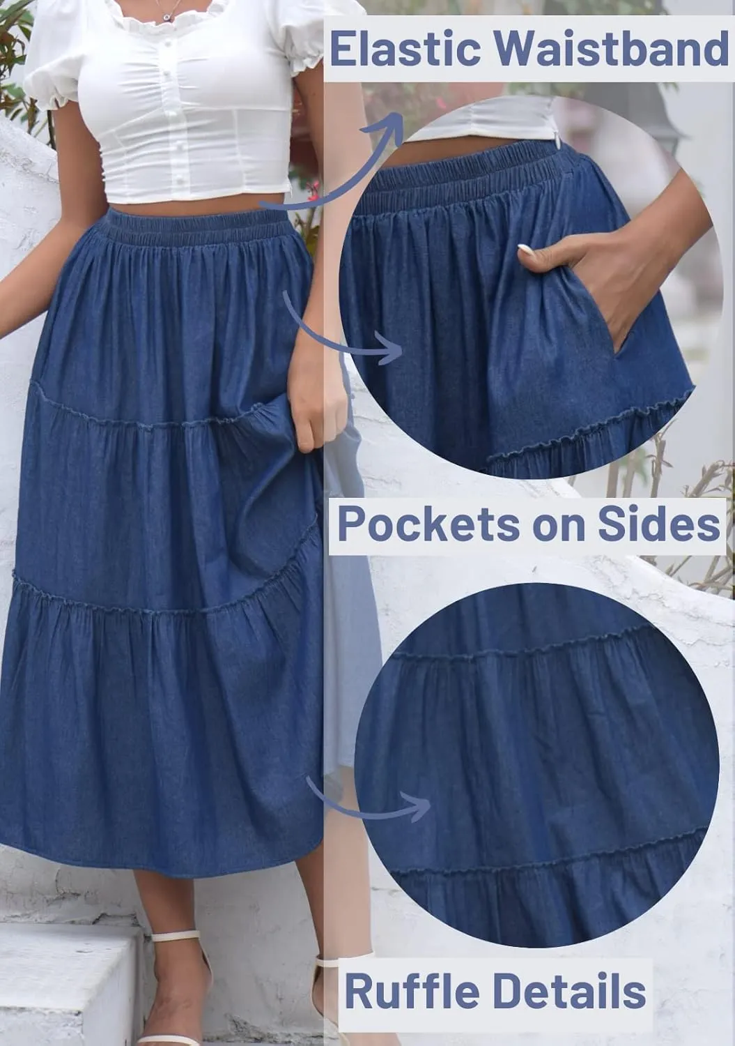 DREFBUFY Women's Mae Pleated Flowy Cxi Skirt Denim Tiered Elastic Waist Rufflasual Long Skirts with Pockets for Summer
