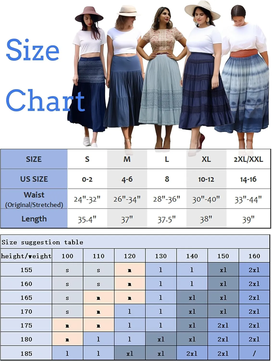 DREFBUFY Women's Mae Pleated Flowy Cxi Skirt Denim Tiered Elastic Waist Rufflasual Long Skirts with Pockets for Summer