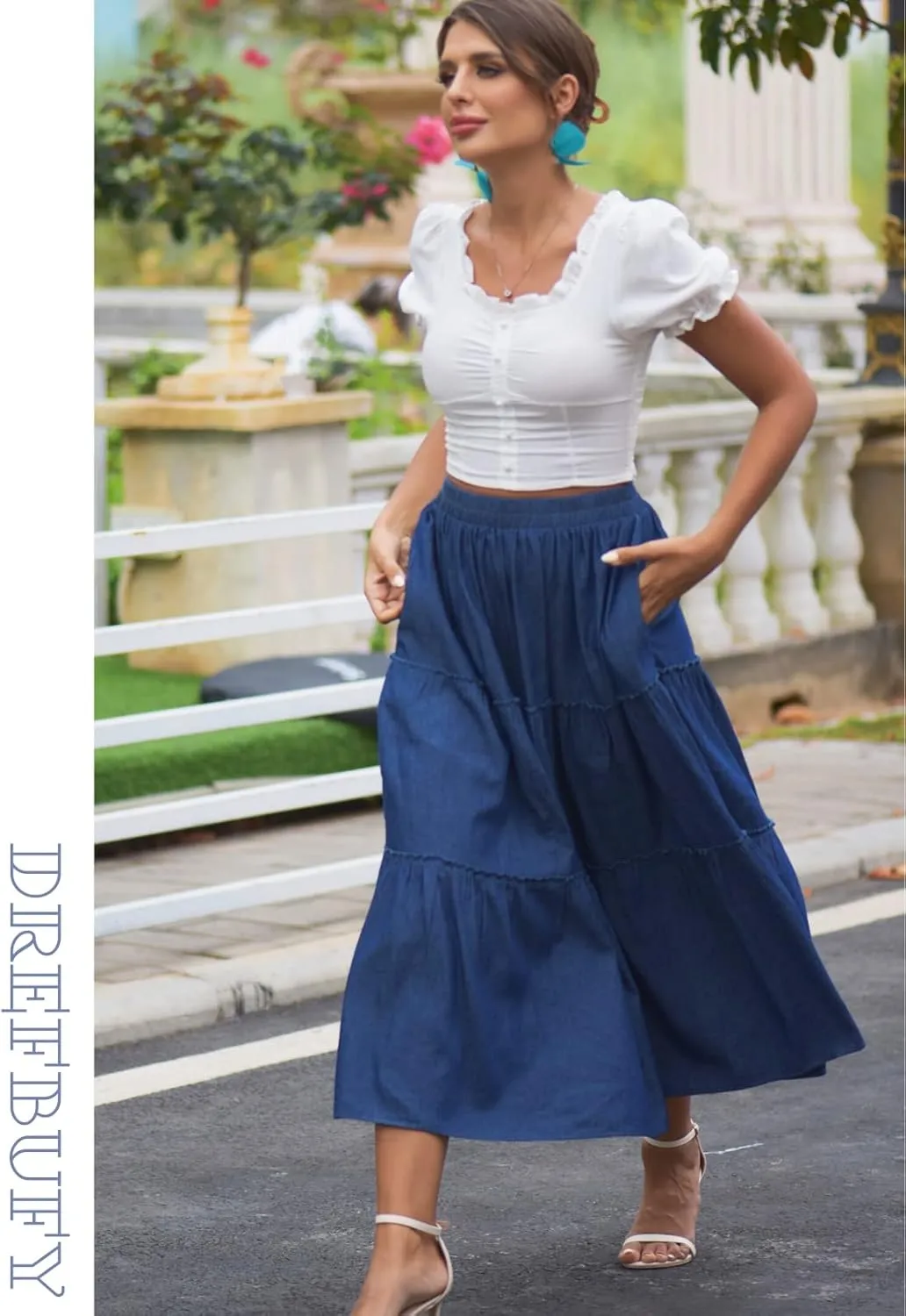DREFBUFY Women's Mae Pleated Flowy Cxi Skirt Denim Tiered Elastic Waist Rufflasual Long Skirts with Pockets for Summer