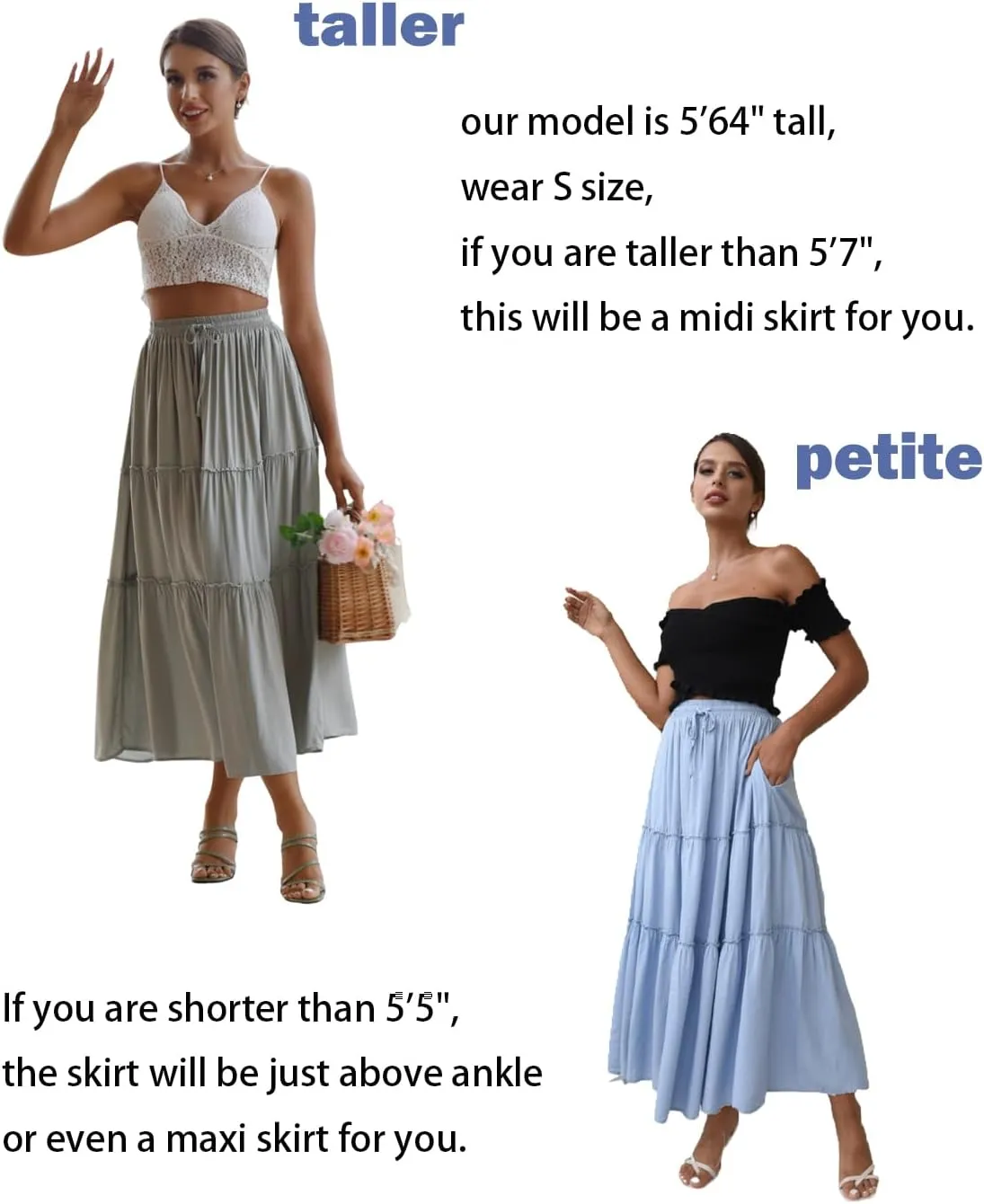 DREFBUFY Women's Mae Pleated Flowy Cxi Skirt Denim Tiered Elastic Waist Rufflasual Long Skirts with Pockets for Summer