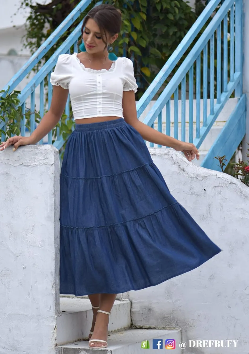 DREFBUFY Women's Mae Pleated Flowy Cxi Skirt Denim Tiered Elastic Waist Rufflasual Long Skirts with Pockets for Summer