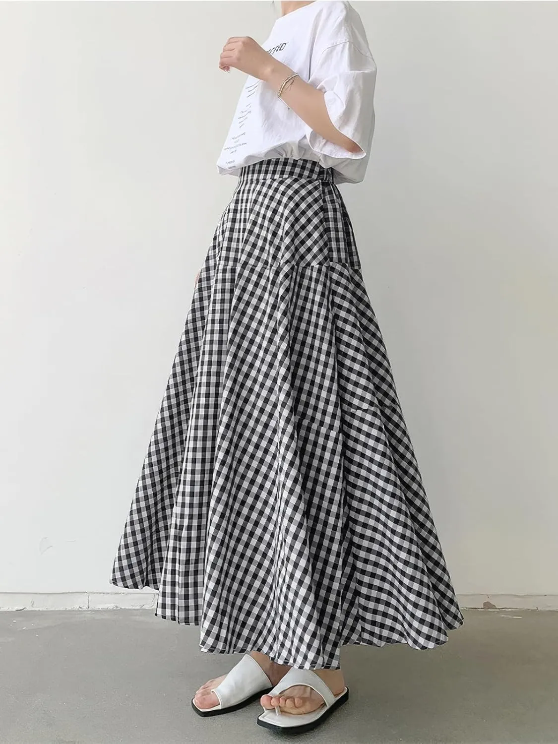 ebossy Women's Casual Retro Plaid A-Line Swing Boho Skirts Elastic Waist Flared Gingham Long Skirts