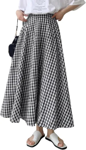 ebossy Women's Casual Retro Plaid A-Line Swing Boho Skirts Elastic Waist Flared Gingham Long Skirts