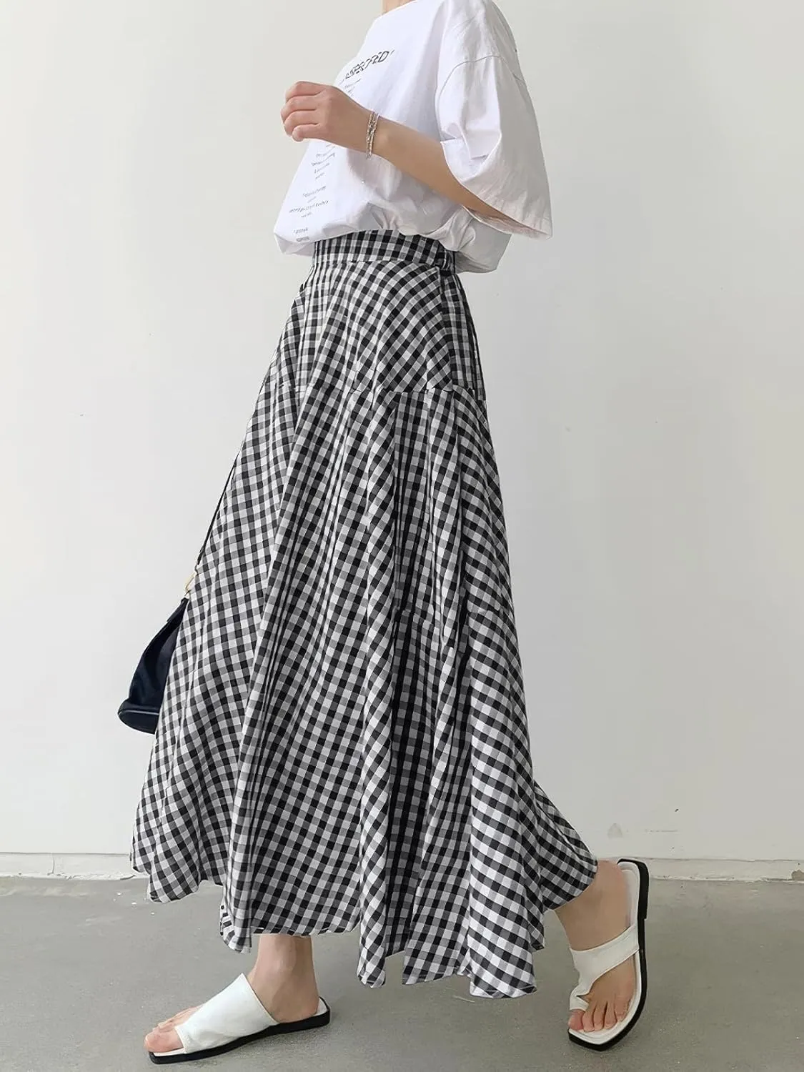 ebossy Women's Casual Retro Plaid A-Line Swing Boho Skirts Elastic Waist Flared Gingham Long Skirts