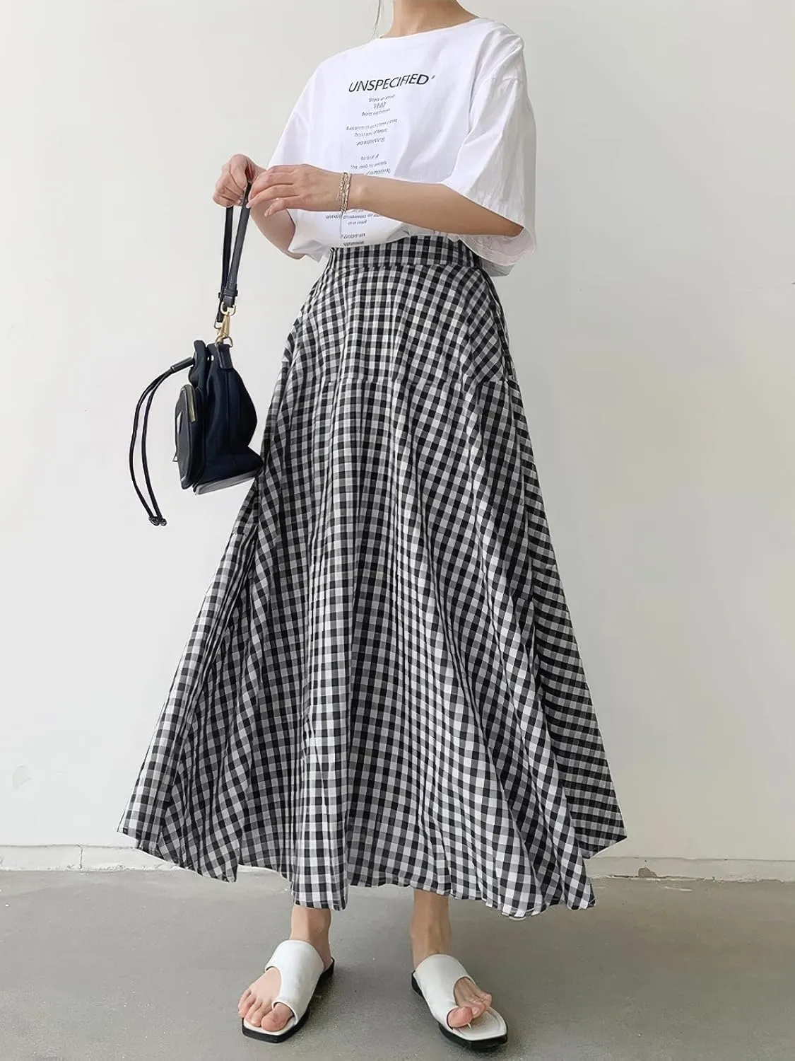 ebossy Women's Casual Retro Plaid A-Line Swing Boho Skirts Elastic Waist Flared Gingham Long Skirts