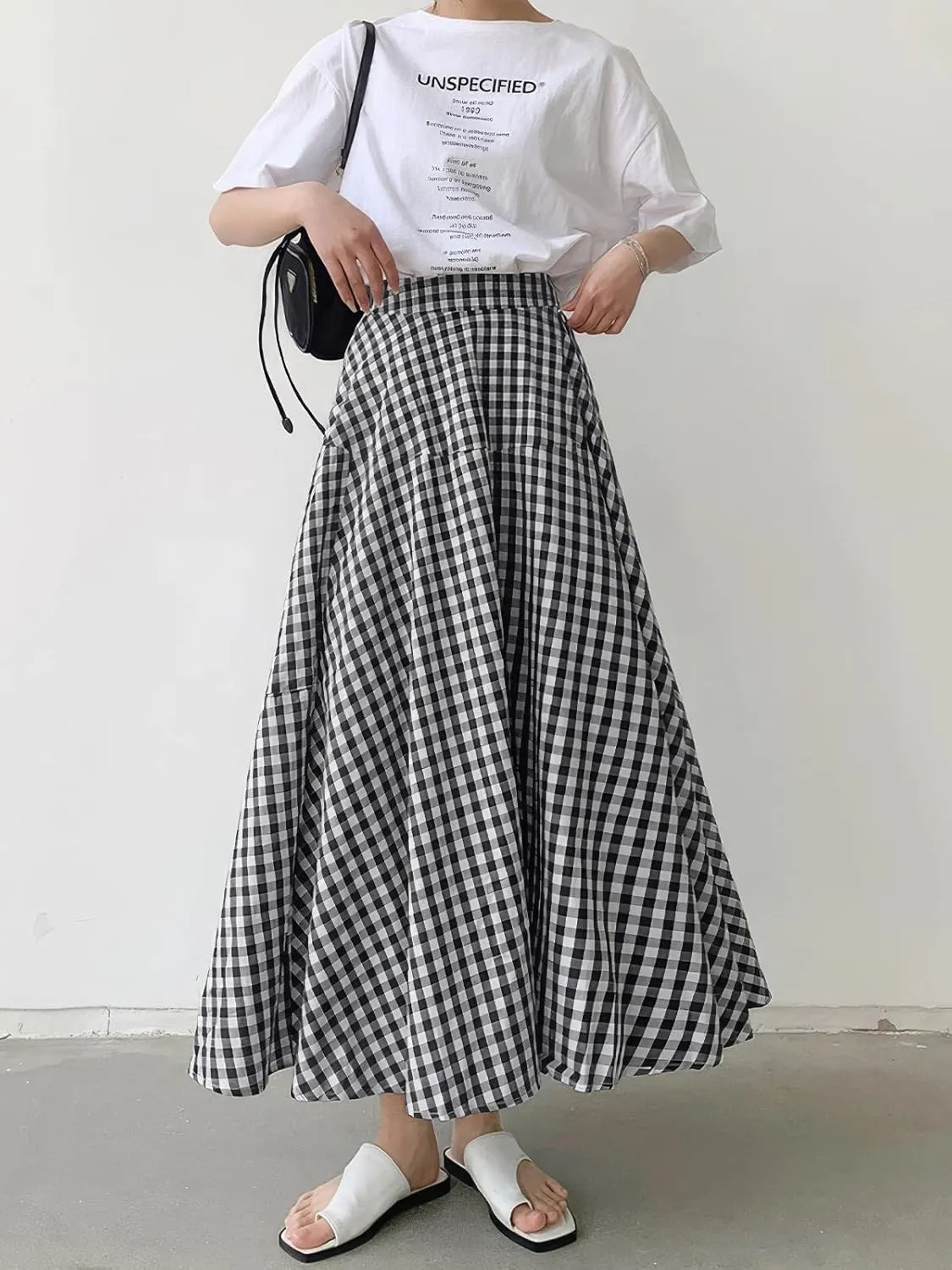 ebossy Women's Casual Retro Plaid A-Line Swing Boho Skirts Elastic Waist Flared Gingham Long Skirts