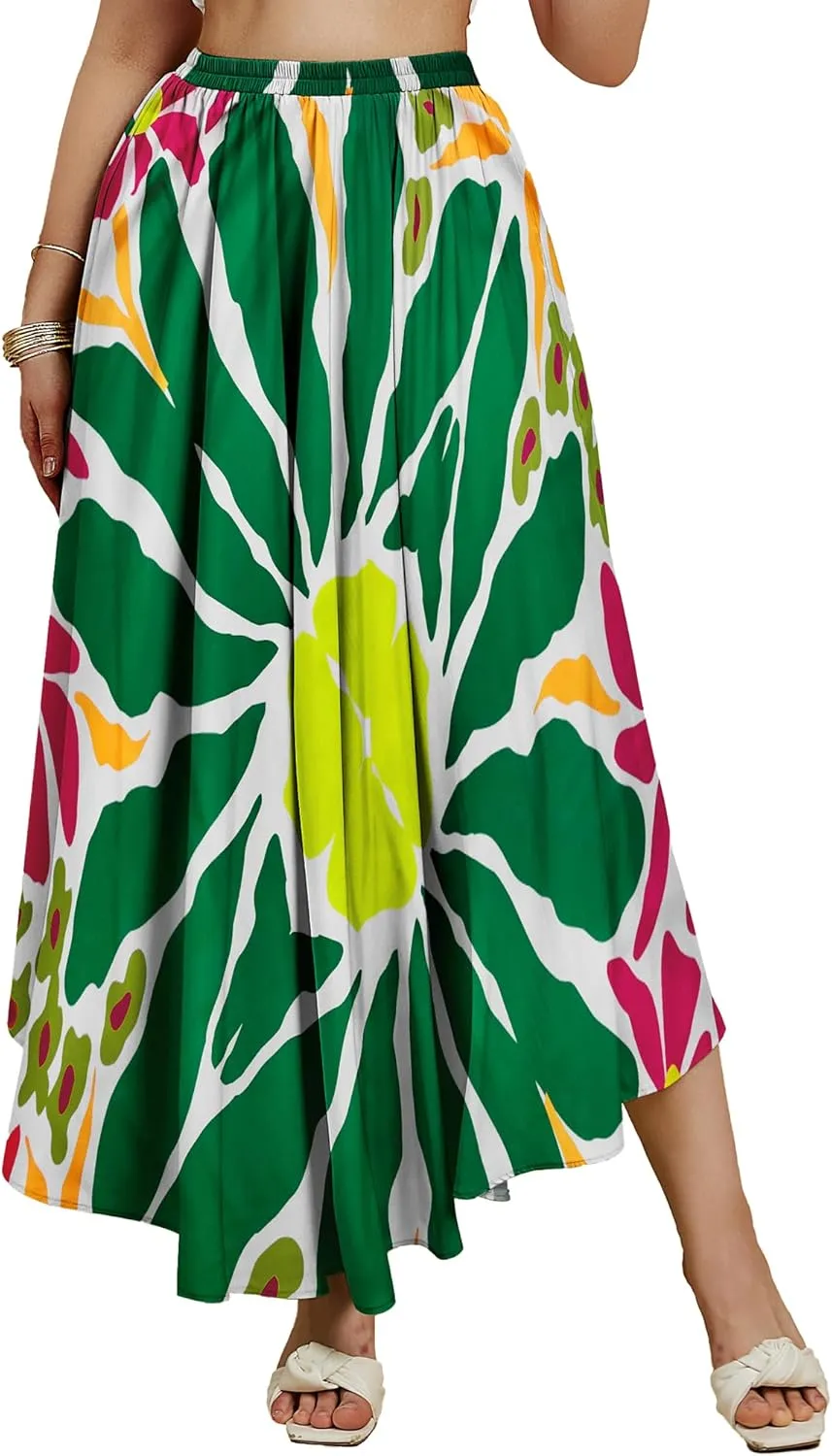 Eddoyee Women's Floral Print High-Waist Skirts Boho Casual Beach Holiday Midi Skirt Summer Swim Cover-Up Long Skirts