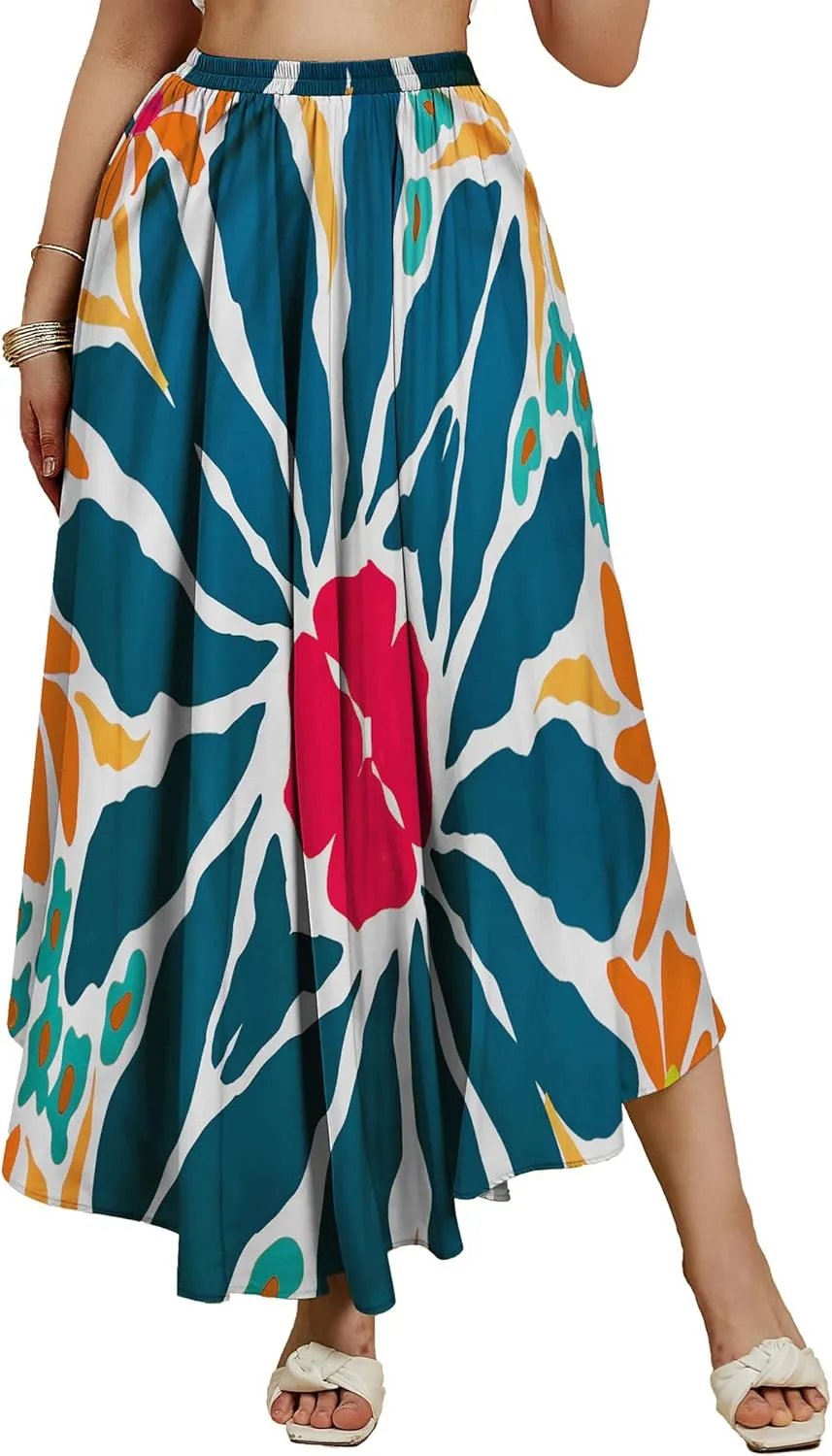 Eddoyee Women's Floral Print High-Waist Skirts Boho Casual Beach Holiday Midi Skirt Summer Swim Cover-Up Long Skirts