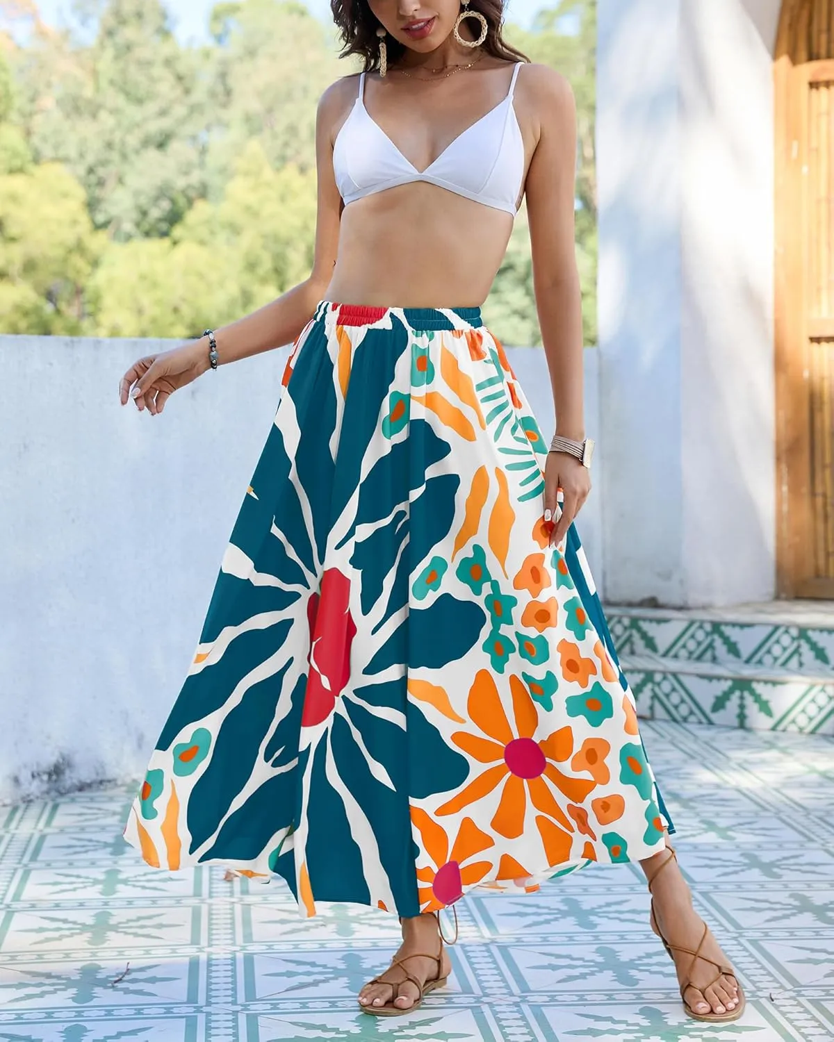Eddoyee Women's Floral Print High-Waist Skirts Boho Casual Beach Holiday Midi Skirt Summer Swim Cover-Up Long Skirts