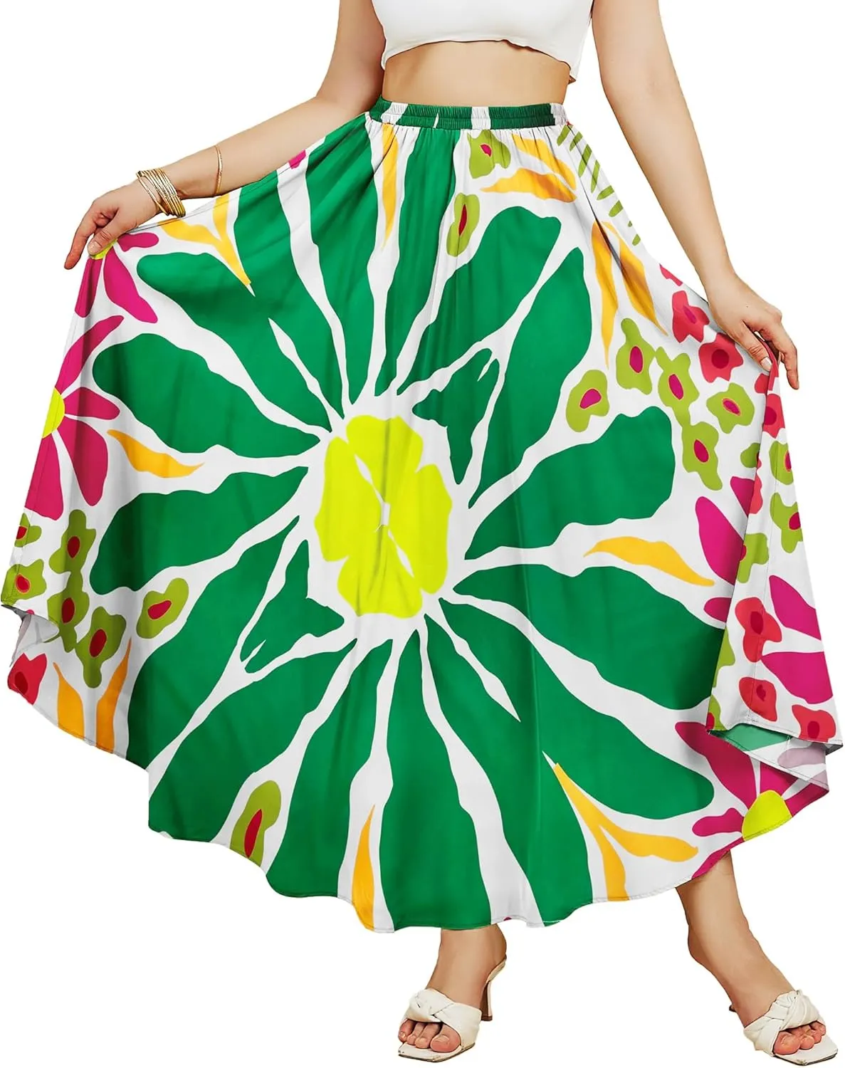 Eddoyee Women's Floral Print High-Waist Skirts Boho Casual Beach Holiday Midi Skirt Summer Swim Cover-Up Long Skirts