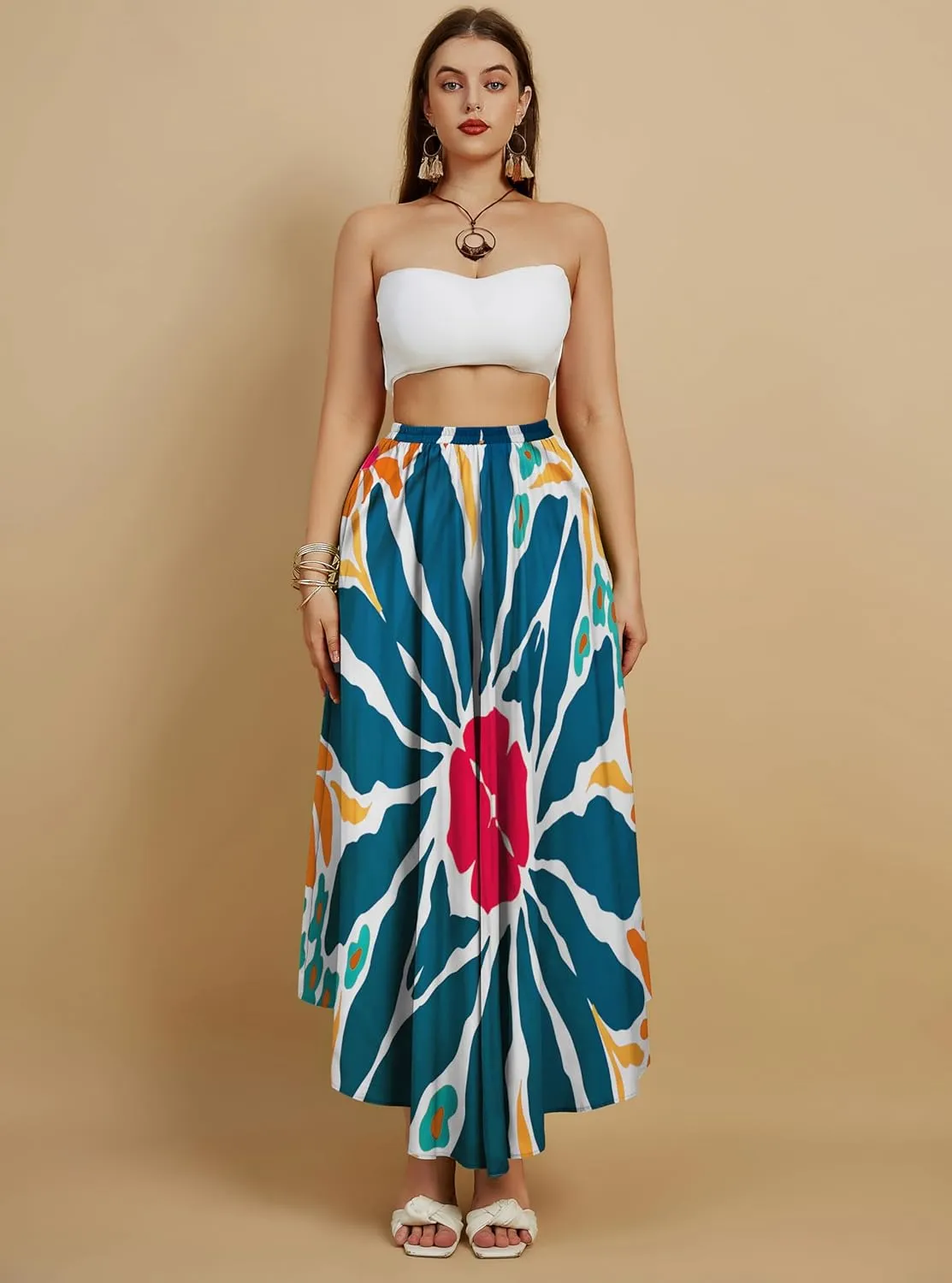 Eddoyee Women's Floral Print High-Waist Skirts Boho Casual Beach Holiday Midi Skirt Summer Swim Cover-Up Long Skirts