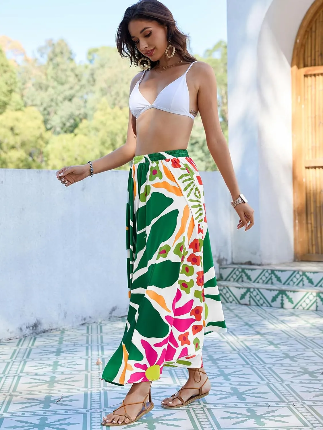 Eddoyee Women's Floral Print High-Waist Skirts Boho Casual Beach Holiday Midi Skirt Summer Swim Cover-Up Long Skirts