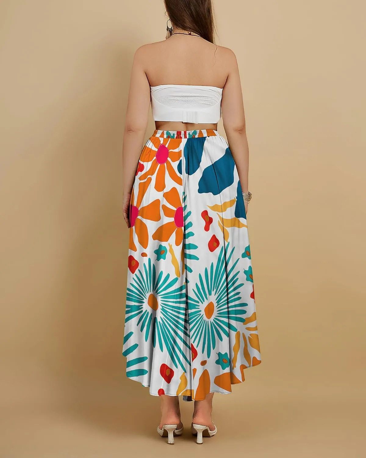 Eddoyee Women's Floral Print High-Waist Skirts Boho Casual Beach Holiday Midi Skirt Summer Swim Cover-Up Long Skirts