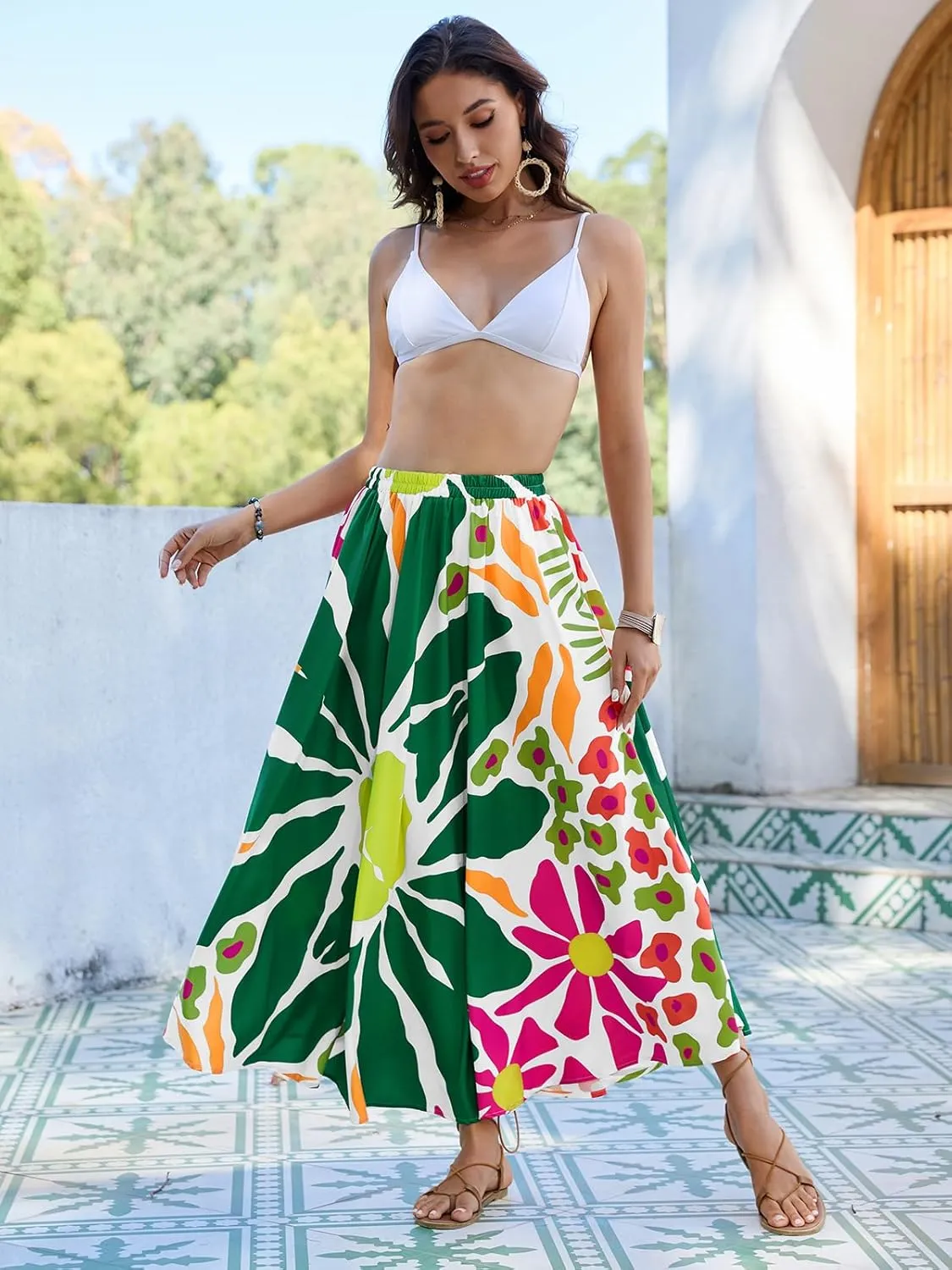 Eddoyee Women's Floral Print High-Waist Skirts Boho Casual Beach Holiday Midi Skirt Summer Swim Cover-Up Long Skirts